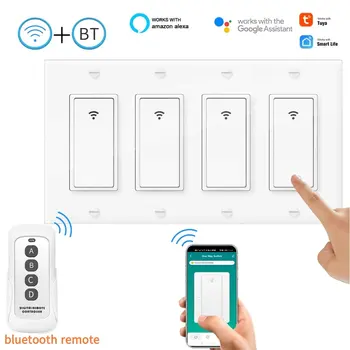 15A US Wifi Bluetooth, двухрежимный умный настенный выключатель света, 3 / 4Way, беспроводной кнопочный выключатель света, приложение Tuya, совместимое с Alexa