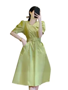 2023 Женская одежда, Зеленое платье с пышными рукавами, облегающее талию 0817