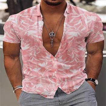 2023 модная мужская гавайская рубашка рубашка розового цвета с коротким рукавом, одежда оверсайз, рубашка для отдыха, рубашка для летнего отдыха на море 5XL