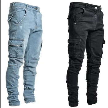 2023 Новые джинсы, мужские брюки для спецодежды с боковыми карманами, узкие джинсы для мужчин, джинсовые брюки, мужские джинсовые брюки