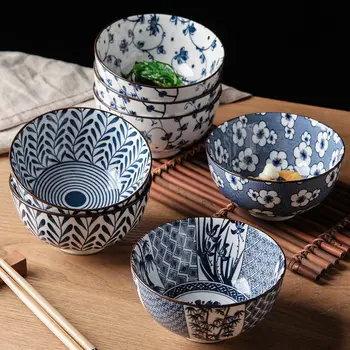 4 керамические миски в стиле ретро, синий и белый фарфор, креативные эмалированные миски для супа
