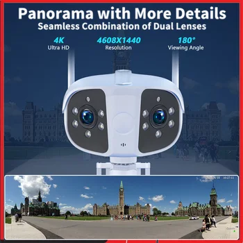 4K 8MP Двухобъективная IP WiFi камера 180 ° Панорамная AI с обнаружением человека, Цветная камера ночного видения, Наружная водонепроницаемая камера видеонаблюдения