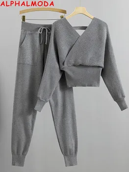 ALPHALMODA 2022 Новинка зимы, свитер в простом стиле с V-образным вырезом и длинными рукавами, топ + брюки для бега, женские модные костюмы из 2 предметов