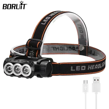 BORUiT, налобный фонарь сильного света, 3 * светодиодные фары 18650, USB Перезаряжаемый, открытый Водонепроницаемый головной фонарик, аварийная лампа для кемпинга