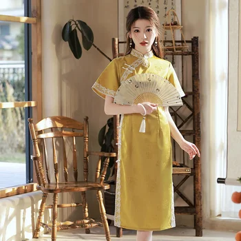 Cheongsam 2023 Новое Весенне-летнее женское Повседневное Элегантное Тонкое модифицированное китайское платье средней длины