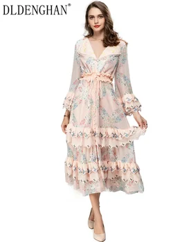 DLDENGHAN/ Весенне-летние Женские платья с V-образным вырезом, расклешенными рукавами, цветочной вышивкой, оборками, Однобортное винтажное платье с принтом