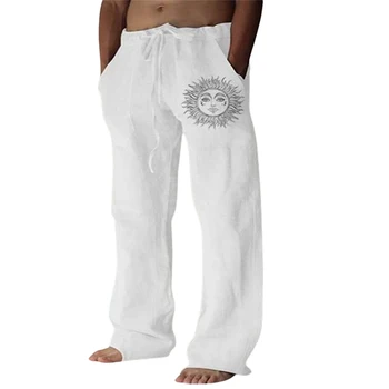 Jemeigar/ Мужские хлопчатобумажные льняные брюки для йоги, Пляжные брюки с принтом солнца, брюки размера Плюс, Эластичный пояс на шнурке, Мешковатые брюки с карманами