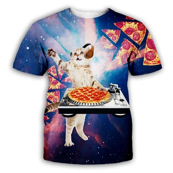 PLstar Cosmos DJ Pizza Футболка с котом, Мужская женская футболка с изображением животных, 3D футболка в стиле хип-хоп, летняя дышащая футболка с короткими рукавами, большие размеры