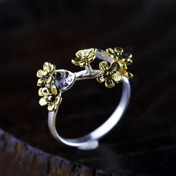 S925 серебряные ювелирные изделия в этническом стиле ручной работы кольцо с цветком сливы