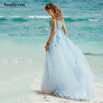 Smileven/Голубые Пляжные Свадебные Платья С Круглым вырезом И Аппликациями, Кружевное Платье Невесты С Аппликацией В Стиле Бохо, Свадебное Платье robe de mariee