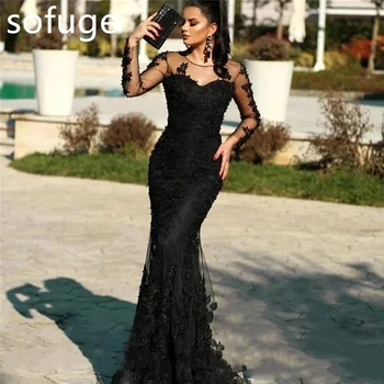 Sofuge ad936 Роскошное тюлевое платье знаменитостей, вечернее платье с аппликацией на спине, длинный рукав, Круглый вырез, труба, привлекательное платье