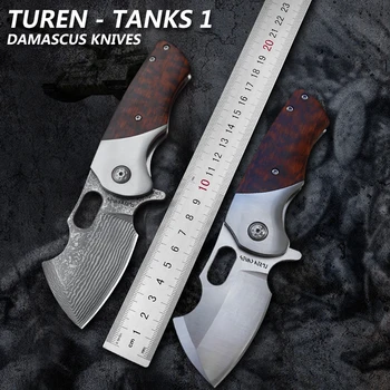 TURENZ-Дамасский Складной нож со стальным лезвием DC53 из углеродного волокна с деревянной ручкой, Походные Карманные Ножи, Охотничий Тактический EDC Инструмент