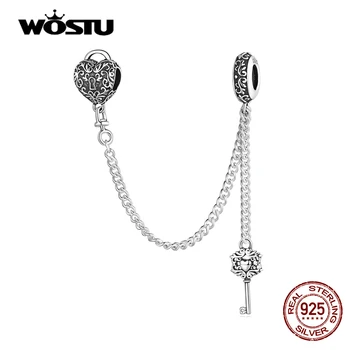 WOSTU 100% Стерлинговое серебро 925 пробы, винтажный узор, замок в виде сердца и ключ, силиконовая защитная цепочка, оригинальные бусины-шармы, браслет, ювелирные изделия