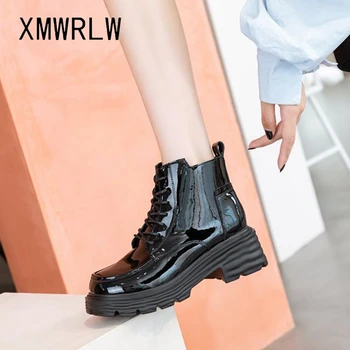 XMWRL/ Женские Ботильоны из лакированной кожи; Модные женские Ботильоны На квадратном каблуке; Коллекция 2022 года; Осенние женские Нескользящие ботинки на высоком Каблуке; Ботинки