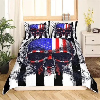 Американский флаг, черно-белая звезда и полосатое одеяло, тема Хэллоуина, Череп, Декор комнаты, Пододеяльник, дети, подростки, мужчины, красный, синий
