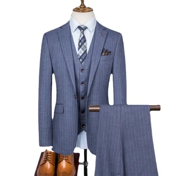(Блейзер + Брюки + Жилет) Британские мужские костюмы, комплект из 3 предметов, приталенные деловые костюмы Размера Плюс 6XL, Серые Смокинги Жениха для Официального Свадебного костюма