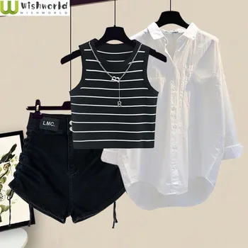 Весенне-летний женский костюм 2023, Новая корейская версия, Солнцезащитная рубашка, Тонкий жилет, Джинсовые шорты, Комплект из трех предметов