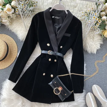 Весенне-осенний Женский Британский элегантный костюм с длинным рукавом, Блейзер средней длины, ретро Двубортная Бархатная рабочая одежда, черная куртка, пальто