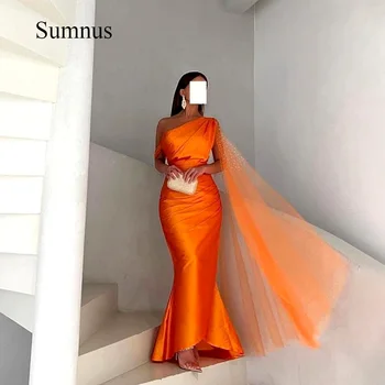 Вечерние платья Sumnus Orange Meramid с накидкой на одно плечо, Рукав С рюшами, Атласный Вечерний халат Длиной до пола, Вечерние платья в Дубае