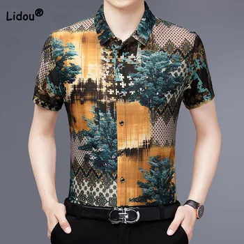 Винтажная мужская одежда, повседневная однобортная рубашка с принтом, летняя быстросохнущая дышащая модная рубашка-поло с коротким рукавом