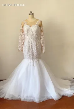 Винтажное Кружевное Свадебное платье Русалки, Нежное свадебное платье с длинными рукавами, расшитое жемчугом