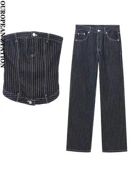 Женская мода 2023 года с пайетками, открытые плечи, джинсовый топ или брюки на молнии спереди со средней талией, комплекты из двух предметов mujer