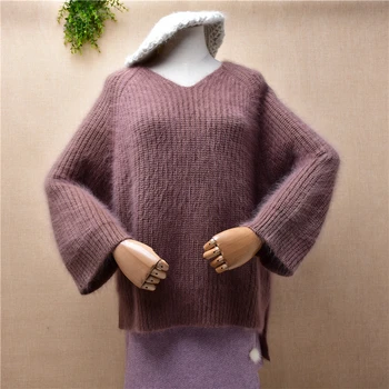 Женская мода Осень-зима Толстый теплый ворсистый мех ангорского кролика, вязаный Свободный Пуловер с V-образным вырезом и разрезом, Джемпер, свитер, Топ