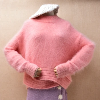 Женская осенне-зимняя одежда, Милый Розовый вязаный Свободный пуловер из шерсти ангорского кролика с круглым вырезом, свитер из ангорского меха, топ