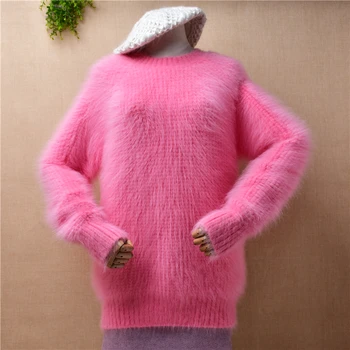 женская осенне-зимняя одежда, сладкий розовый кашемировый вязаный свитер из ворсистой норки с длинными рукавами и круглым вырезом, свободный пуловер из ангорского меха, свитер