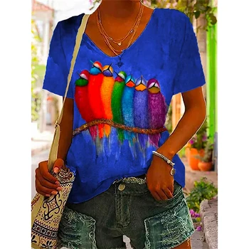 Женская футболка, летняя одежда с цветным градиентным принтом, Топы с V-образным вырезом и коротким рукавом в виде животных, Уличная мода, футболки оверсайз для девочек