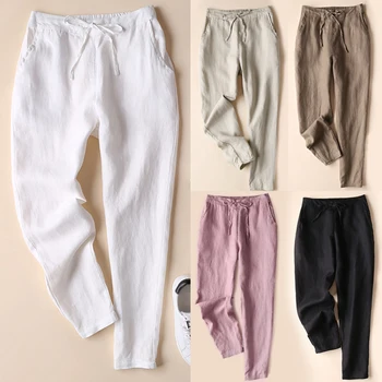 Женские хлопчатобумажные льняные брюки, тонкие брюки, однотонные Весенне-летние Повседневные брюки-карандаш со средней талией 5XL