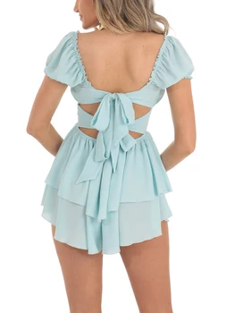 Женское платье-комбинезон с коротким рукавом, с оборками на подоле, однотонное мини-платье с открытой спиной для пляжного коктейля, летняя Уличная одежда
