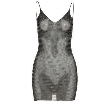 Женское сексуальное мини-облегающее платье из прозрачной сетки со стразами на бретельках с глубоким V-образным вырезом и открытой спиной, Пляжное Бикини, Клубная одежда U4LF