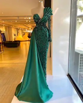Зеленое вечернее платье с аппликацией в виде Русалки, блестки, одно плечо, Длинные рукава, длина без бретелек, длина до пола, вечерние платья Vestidos Gala