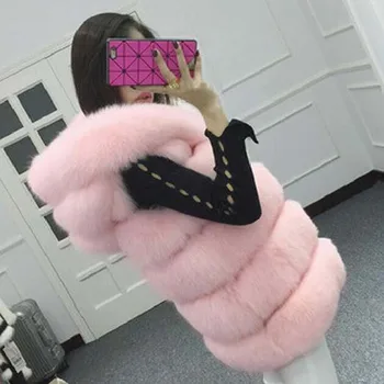 Зимний Жилет с капюшоном из искусственного меха, Женская теплая Элегантная однотонная шуба средней длины из искусственного лисьего меха, куртка большого размера, Серый, розовый