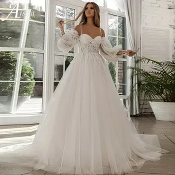 Изысканное Свадебное платье Трапециевидной формы на тонких Бретельках с Кружевными аппликациями, Свадебные платья с открытой спиной и пышными рукавами, Vestidos De Novia