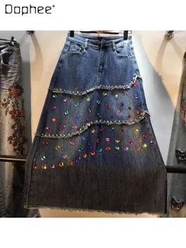 Изысканные юбки с высокой талией в корейском стиле, расшитые стразами, для женщин, Летняя новинка 2023, Женская юбка средней длины с широкими распашками