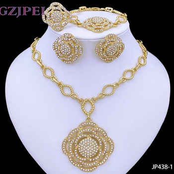 Итальянские позолоченные комплекты ювелирных изделий для женщин, модное женское ожерелье, серьги с цветочным кулоном, кольцо, браслет, набор