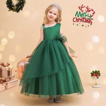 Классическое платье в цветочек без рукавов для девочек, зеленое, с фатином и бантом, Трапециевидное, длиной до щиколоток, Нерегулярные Детские платья для Рождественского фестиваля