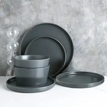Коллекция керамики Stone + Lain Celina, Круглый Набор посуды, Сервиз из 24 предметов на 8 персон, Серый матовый набор посуды для ресторана Home