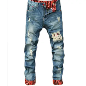 Красивые мужские рваные джинсы в стиле Ретро, уличный хип-хоп, панк, стрейч, модные прямые джинсовые брюки с дырками