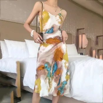 Летнее Женское французское платье с рисунком и принтом, юбка на подтяжках, тонкая и темпераментная юбка-фея, вечернее платье, Сексуальное платье для женщин