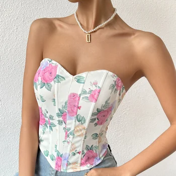 Летние новые модные женские укороченные топы с открытой спиной и цветочным поясом на груди