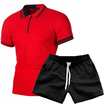 Лето 2023, новая мужская лоскутная футболка с короткими рукавами + шорты, костюм из 2 предметов, тонкая рубашка-поло с лацканами, мужские комплекты азиатского размера