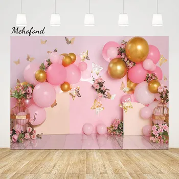 Мехофонд, фон для фотосъемки, Детский душ для девочек, Вечеринка по случаю дня рождения, Розовый золотой воздушный шар, панно с бабочкой, декоративный фон для фотосессии