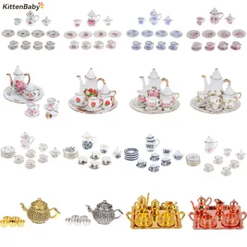 Миниатюрный Фарфоровый / металлический набор Чайных чашек 1: 12, Цветочная посуда, Кухонная мебель для Кукольного домика, Игрушки для детей, Чайные чашки, Кукольный Домик