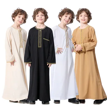 Мужская одежда Джубба Тобе, Детская одежда Ислам, Ближний Восток, Дубай, Пуловер с вышивкой, Круглый вырез, Длинный рукав, карман на молнии
