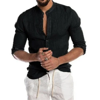 Мужская Однотонная льняная рубашка с длинным рукавом, Кардиган с воротником-стойкой, Свободная мужская рубашка с длинным рукавом