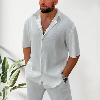 Мужская Повседневная одежда, стильная мужская рубашка, комплект брюк с лацканами, Короткие рукава, Свободный крой, однотонные пуговицы, повседневная одежда для лета
