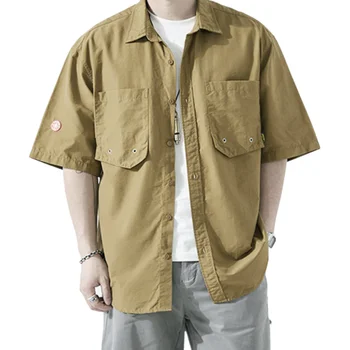 Мужская рубашка с множеством карманов, Повседневные Топы с отложным воротником, Мужские Летние Новые Модные Свободные Рубашки на пуговицах в стиле Сафари, M-4XL